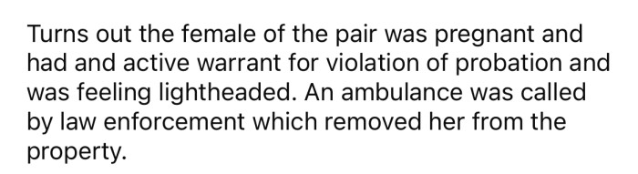 It turned out one of the people was a pregnant woman with an active warrant.