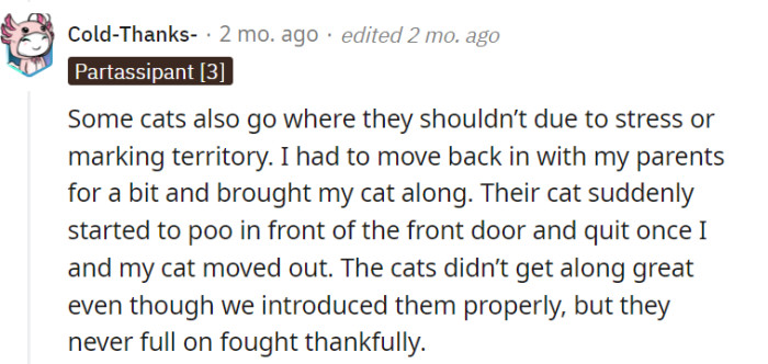 The change in environment and the introduction of your cat into your parents' home may have caused their cat to engage in territorial behavior, leading to defecating in front of the front door.