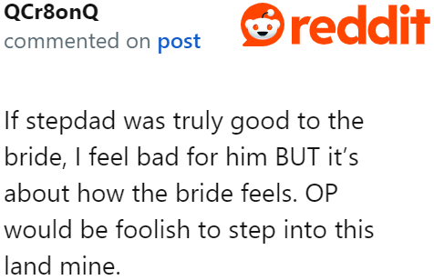 The family should respect the OP's sister's decision, even if that means the stepdad will not be involved during the wedding procession.