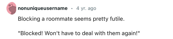 OP’s roommate definitely didn’t think about the “blocking.” What happens when they get home??