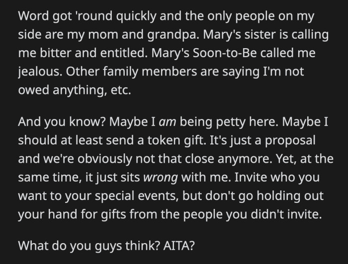 OP said it just doesn't sit right with them to attend or send a gift since they didn't seem to be important enough to be privy to Mary's proposal plans
