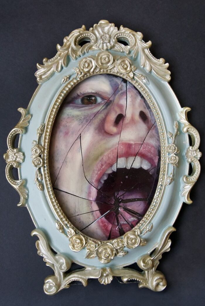 "Oil on glass with resin sculpture in vintage frame."