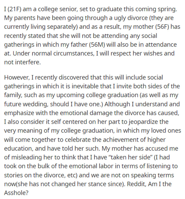 OP starts off her post by explaining what the issue is, when her parents divorced, and what was going on with the situation overall.