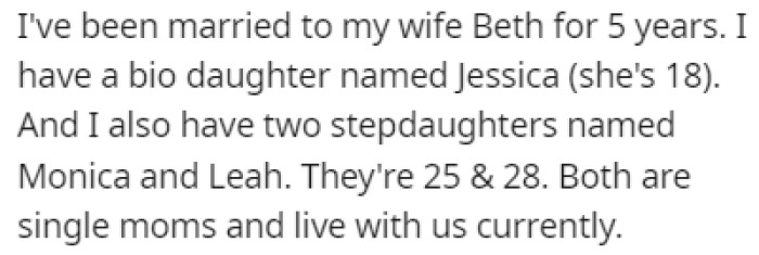 OP has been married to his wife Beth for 5 years and he has one biological daughter and two stepdaughters
