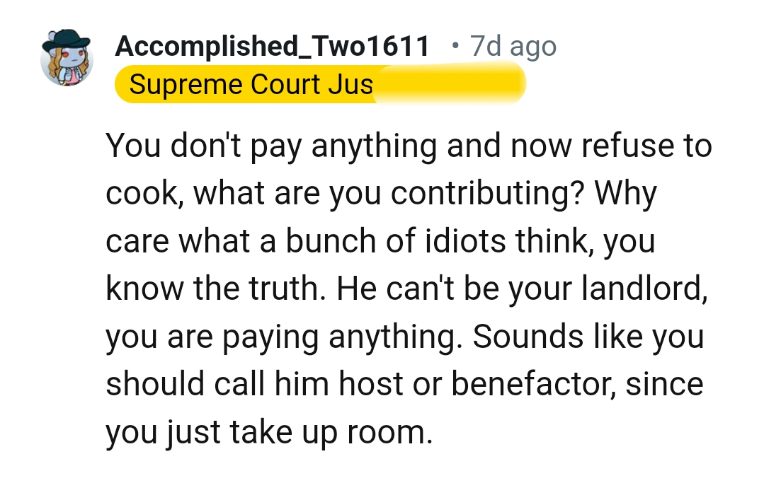 What is the OP contributing since she has stopped cooking for the landlord?