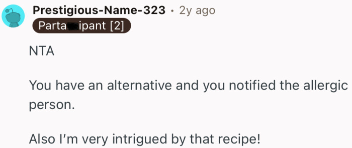 “NTA. You have an alternative and you notified the allergic person.”