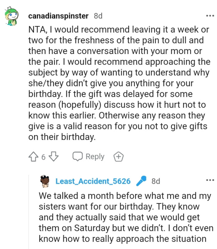 Any reason they give is a valid reason for the OP not to give gifts on her parents' birthday