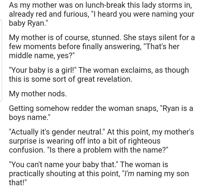 OP's mom's manager, who was also pregnant at that time, found out about their choice of a name and decided to confront the expectant mom on the matter