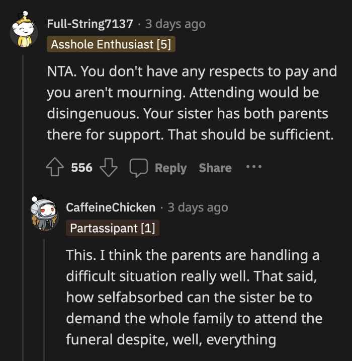 There's no love lost between OP and her bully. There's really no reason for her to fake non-existent grief just to attend a funeral.