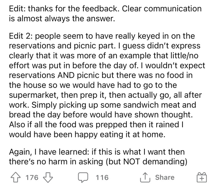 In an edit, he agreed with the Reddit community that he needed to communicate what he wanted better.