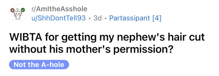The OP asked if she'll be an a**hole for getting her nephew's hair cut without his mother's permission.