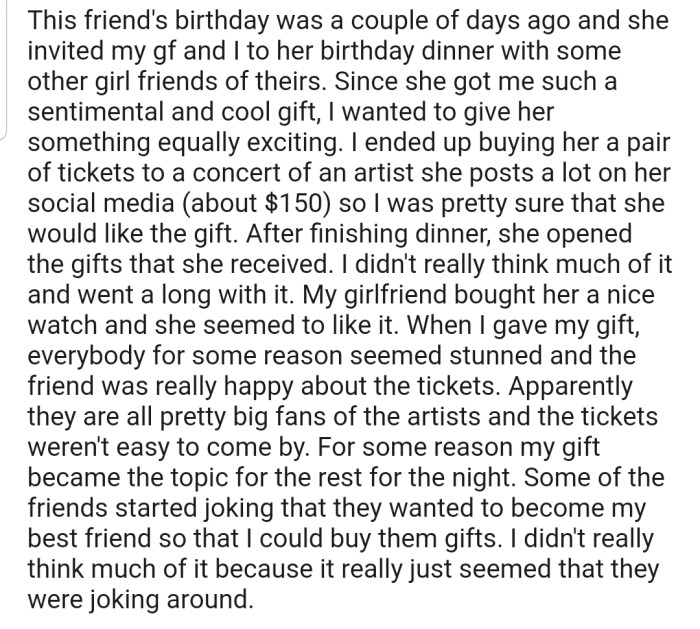 OP got his girlfriend's best friend an expensive gift to return the favor