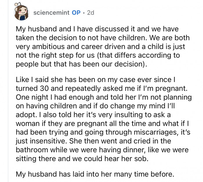 OP and her husband are both career-driven and took that decision together.