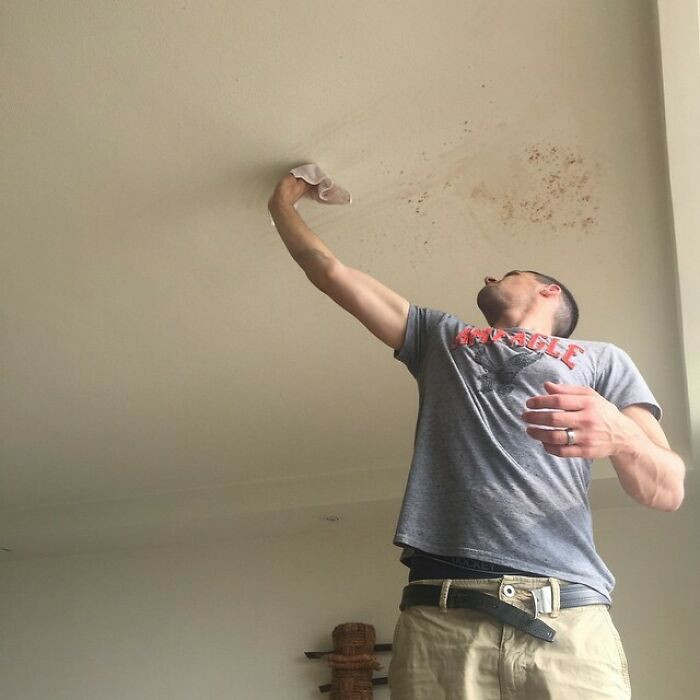35. Yes, that's my husband cleaning a protein shake off of the ceiling.