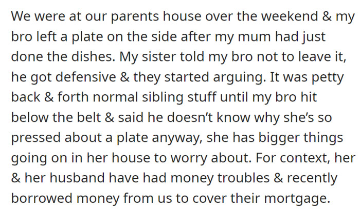 Sibling argument at parents' house over a plate turned personal when the brother mentioned the sister's financial struggles, including borrowing money for their mortgage.