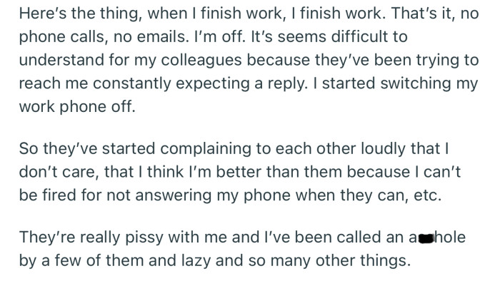 OP’s Colleagues Are Angry at Her for Not Answering Calls or Emails After Work Hours