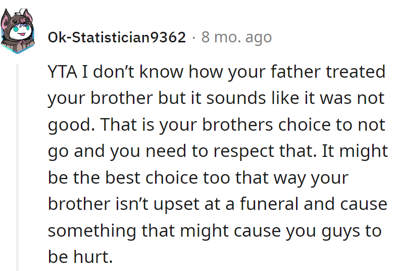 Dad's actions sound like a bad sitcom. Respect the brother's RSVP to skip the funeral; avoiding a plot twist is the wise move.