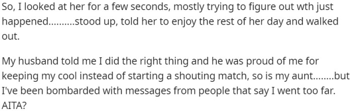 OP left the funeral, receiving support from her husband and aunt but facing criticism from others.