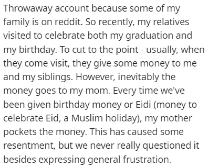 OP's relative recently visited him to celebrate his graduation and birthday