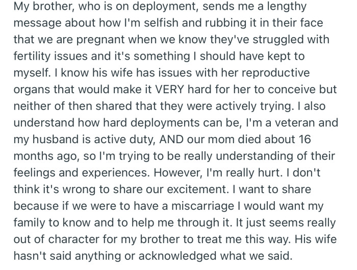 OP’s brother accused her of rubbing it in their faces since he and his wife were struggling to conceive