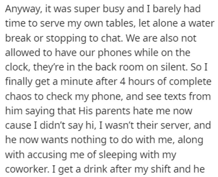 OP was super busy during her shift, so she didn't give her boyfriend much attention, which resulted in a bombardment of nasty texts from him