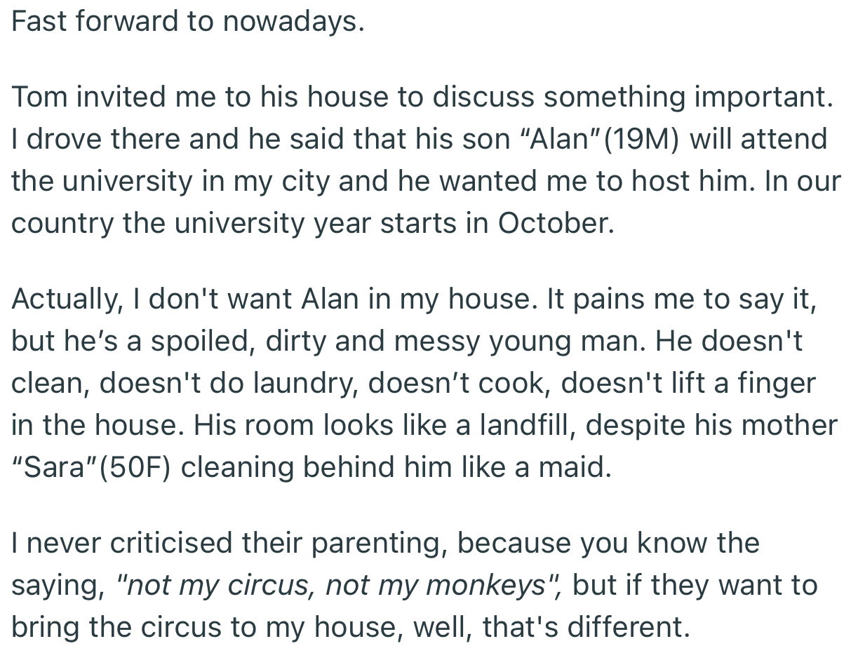 Tom Requested That OP House His Son, Alan, Who Was Preparing to Start College in OP’s City