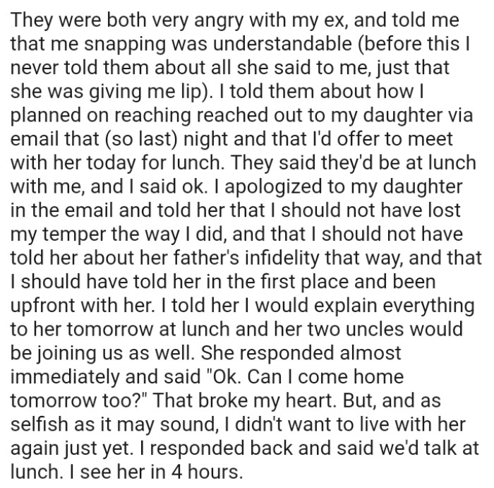 The OP has gone on to apologize to her daughter via email