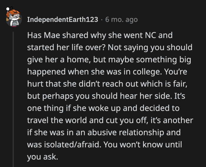 Someone else wondered if Mae had a valid reason to disappear so suddenly and cut ties with everyone in their family.