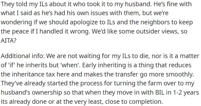 OP's in-laws were informed by someone about a matter, which they then discussed with OP's husband.