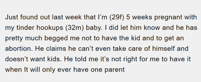OP begins her post by explaining that she is five weeks pregnant from a Tinder hookup.