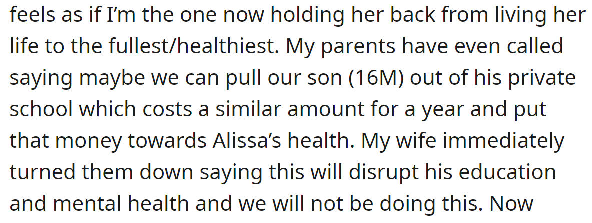 Their parents said he could pull his son out of private school and give her that money: