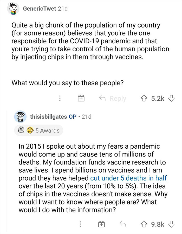 8. Gates' thoughts on people believing he put chips in the vaccine