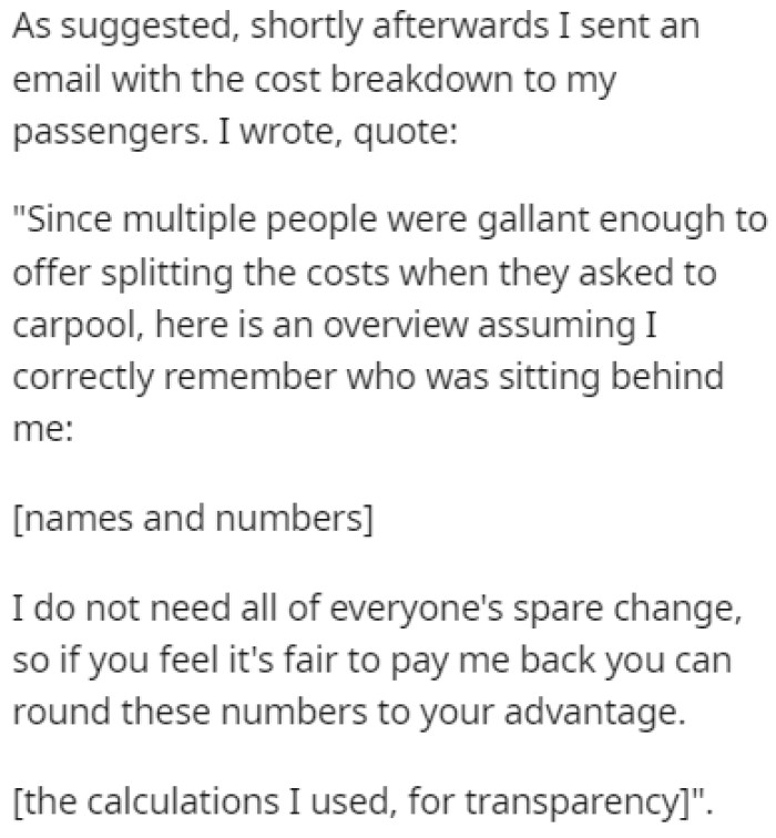 OP sent out their colleagues an email, telling them how much they owe