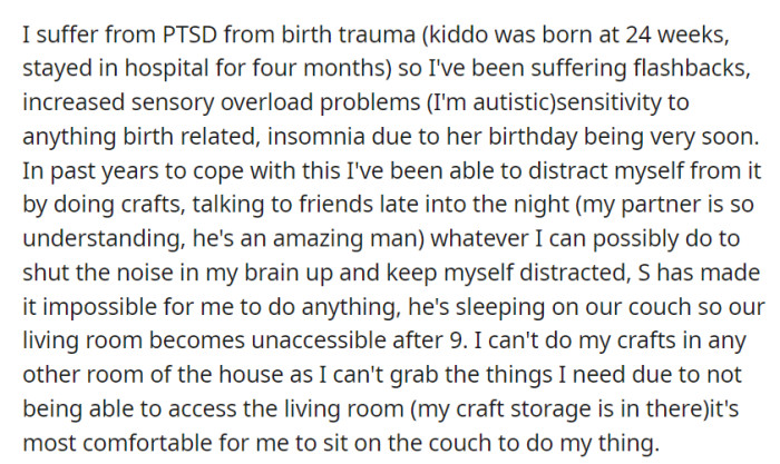 Dealing with PTSD and sensory overload related to a traumatic birth, OP's coping mechanisms have been disrupted by 