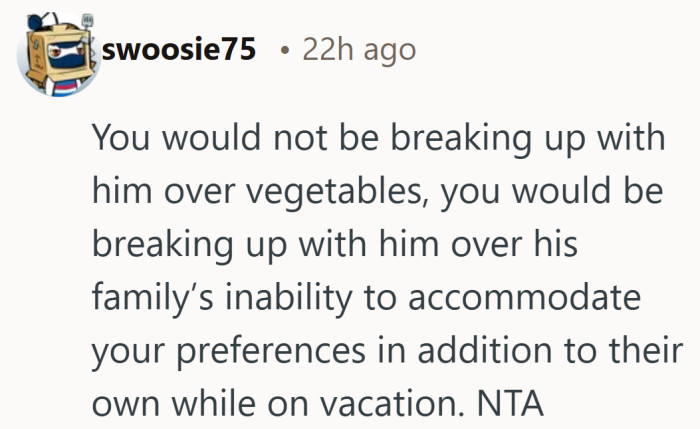A few people felt the argument was really about how partners handle each other’s needs on shared trips.