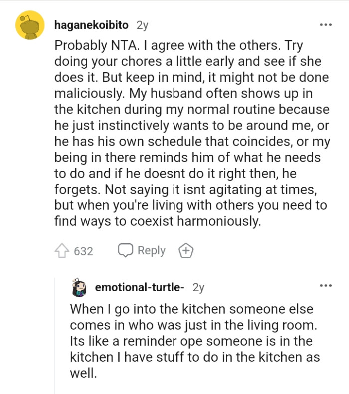 This Redditor's husband often shows up in the kitchen during her normal routine