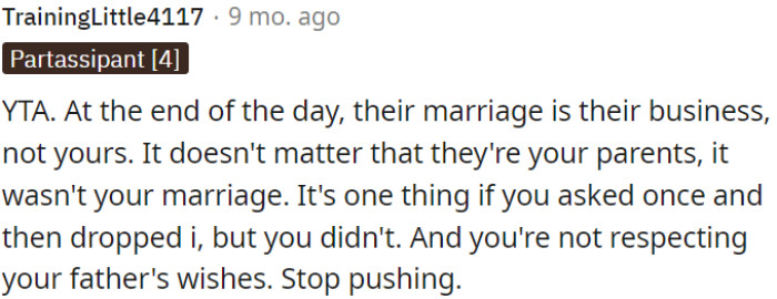 OP's parents' marriage is their concern, not his.