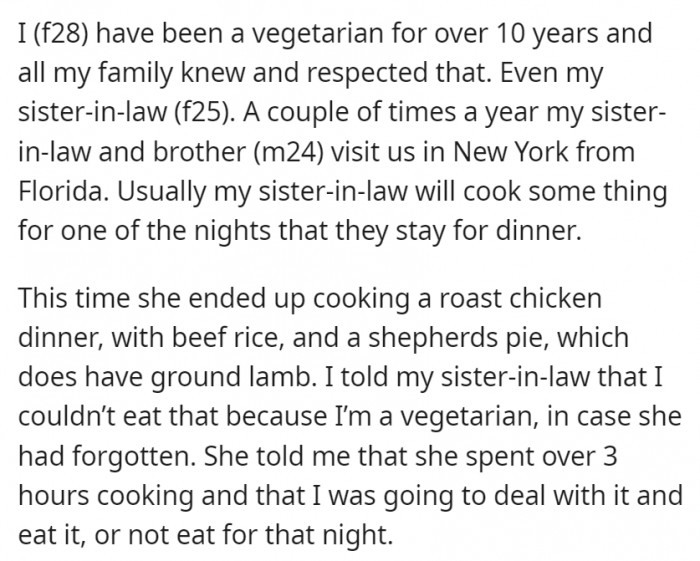 OP's sister-in-law basically disregarded her dietary preference