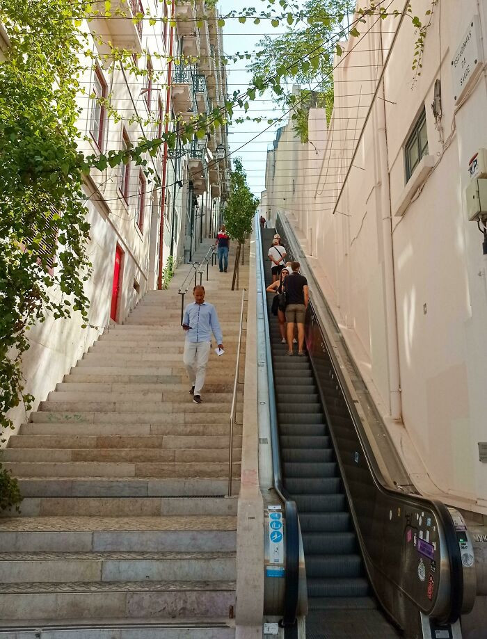 19. Lisbon boasts a charming topography of seven hills, and to simplify the journeys of both locals and visitors as they navigate between its distinct neighborhoods, an open-air escalator was cleverly put in place.