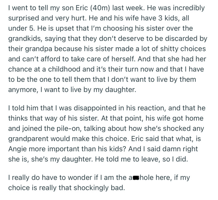 OP informed his son, Eric, about his decision to move to Colorado to be closer to Angie. Unfortunately, Eric didn’t take this lightly.