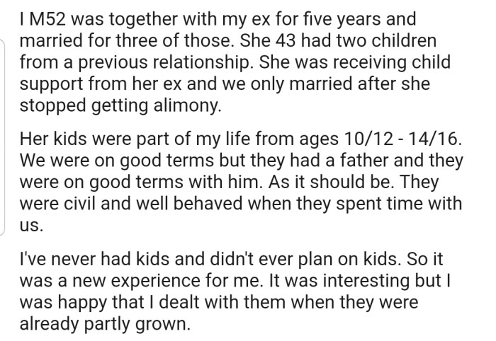 OP's ex-wife came into their marriage with 2 kids. During their marriage, he was more than happy to play a fatherly role in their lives.