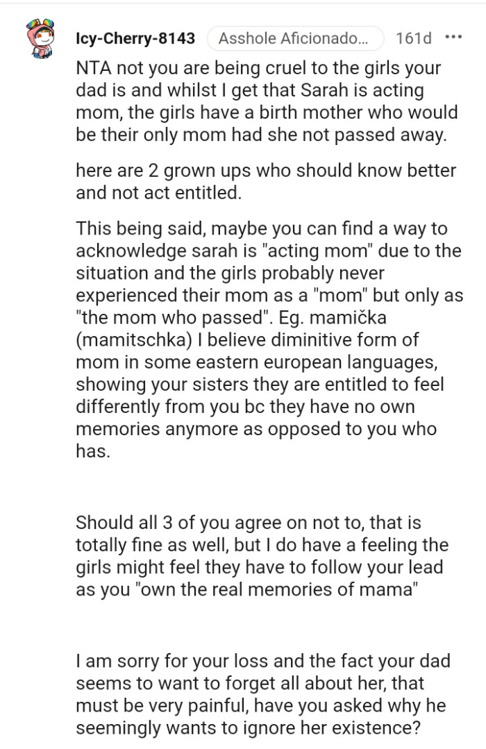 Maybe the OP can acknowledge Sarah as the acting mom