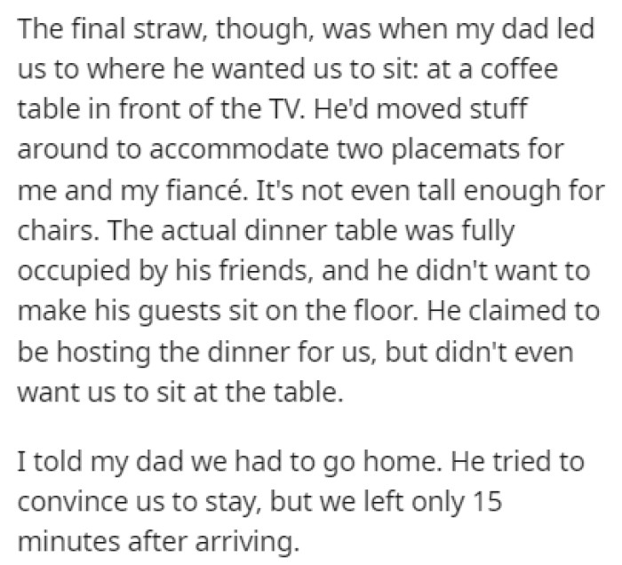 Her father sat them down by a coffee table, which was the final straw for OP
