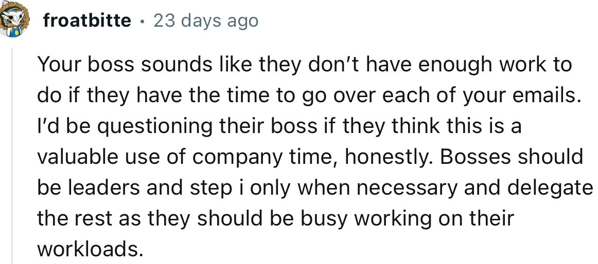 “Your boss sounds like she doesn’t have enough work to do if she has the time to go over each of your emails.”