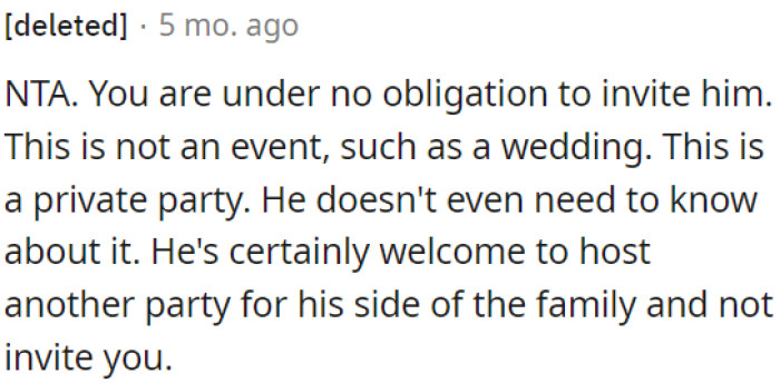 OP is not obligated to invite him to her private party.