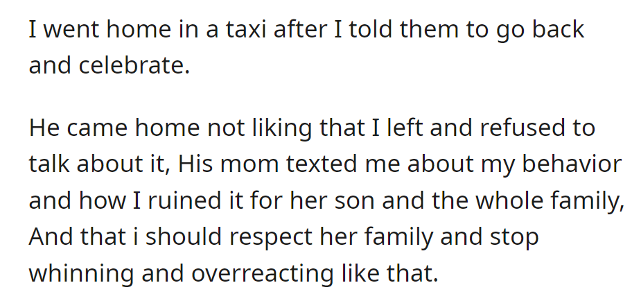 Left in a taxi, he came home upset. His mom texted, criticizing her behavior, asking for respect, and accusing her of overreacting.