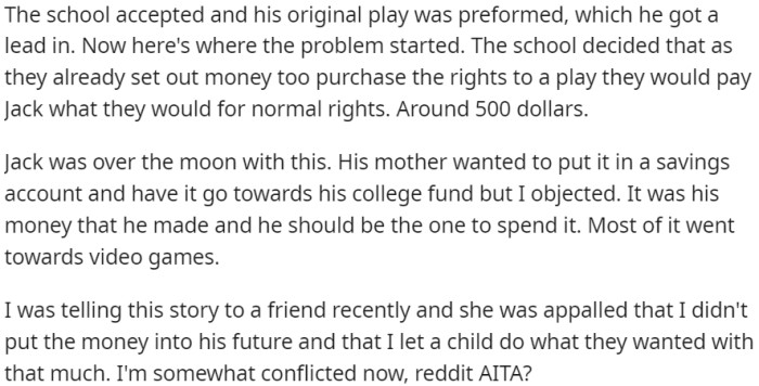 OP's son received $500 from the school, and OP permitted him to spend the money rather than putting it into savings.