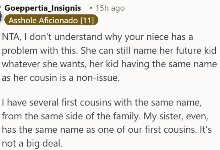 Common names in families are normal and shouldn't cause drama