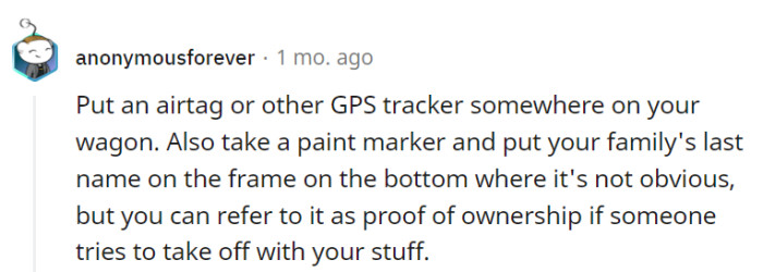 A wagon with an AirTag and a secret family emblem sounds like a wagon that means business.