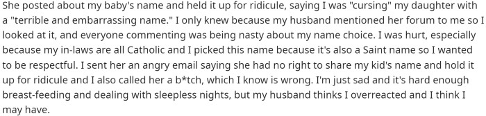 She wants to know if she's in the wrong for being upset with her sister-in-law for bashing her baby name all over her forum and making fun of it.